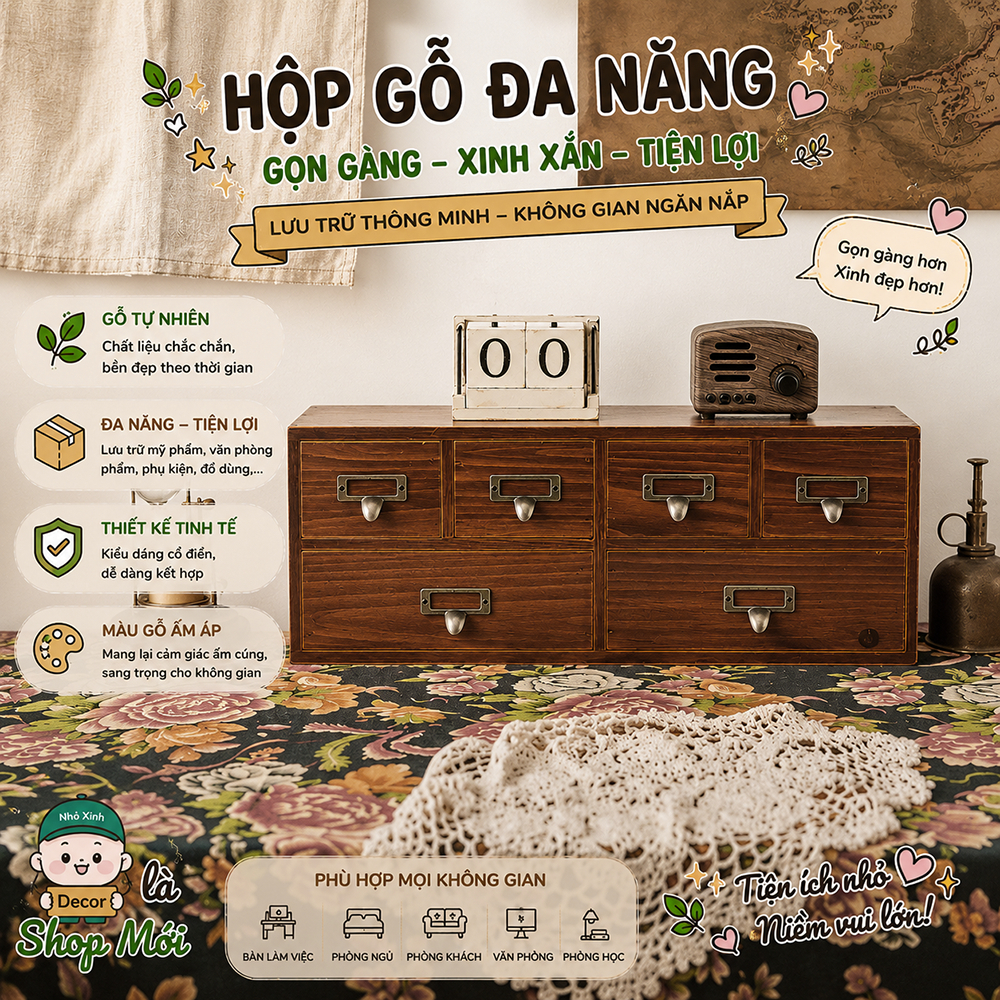 Hộp tủ mini để đồ trang điểm đa năng, hộp tủ màu nâu để bàn, Hộp tủ để phụ kiện nhiều ngăn kéo