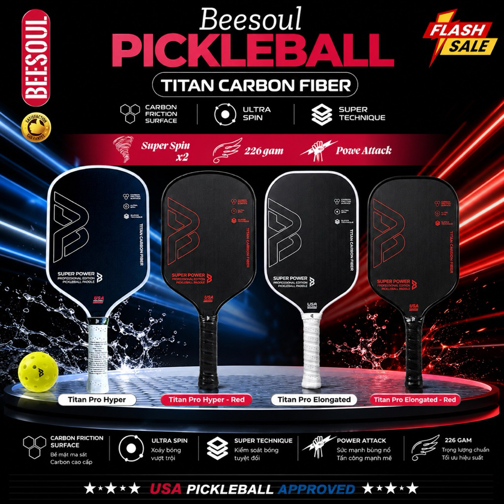 Vợt Pickleball CHÍNH HÃNG Beesoul siêu công 16mm mặt vợt carbon x2Spin công nghệ lõi Foam Gen 3