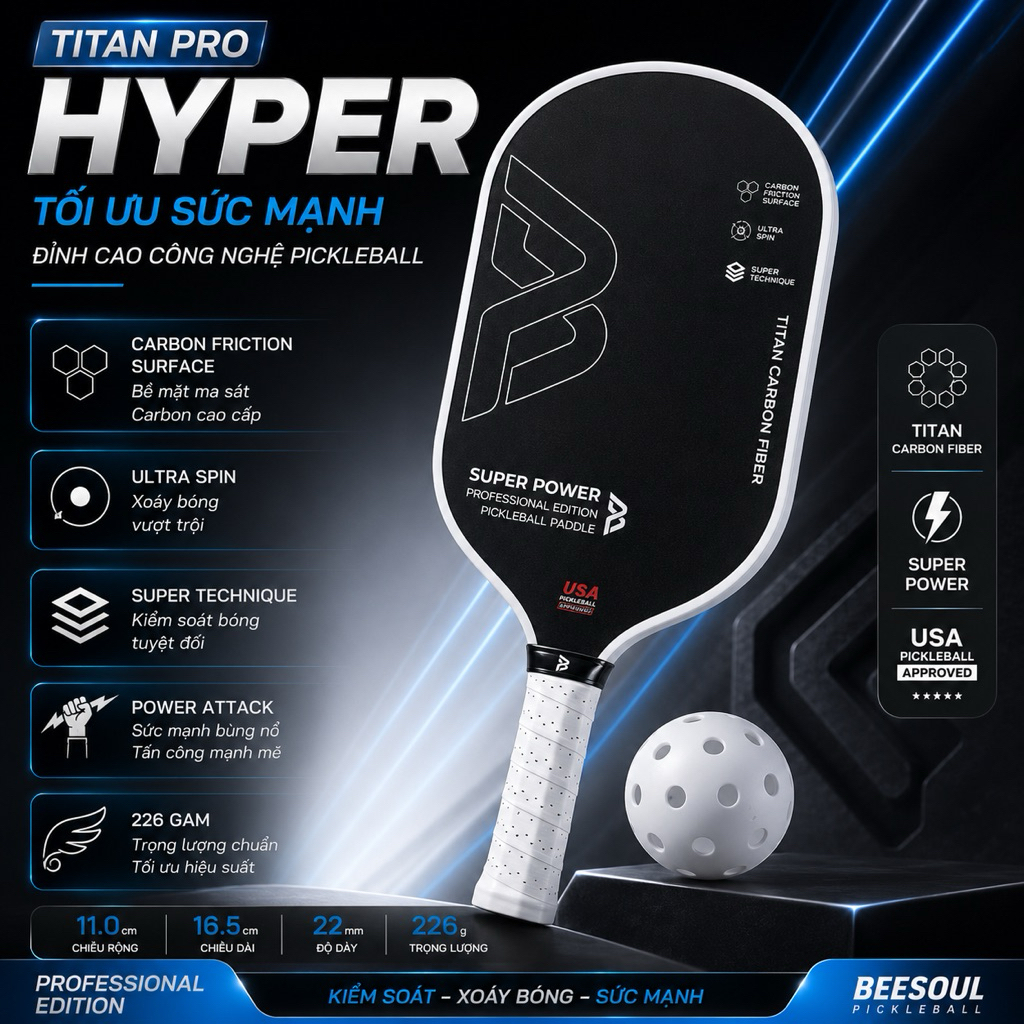 Vợt Pickleball CHÍNH HÃNG Beesoul siêu công 16mm mặt vợt carbon x2Spin công nghệ lõi Foam Gen 3