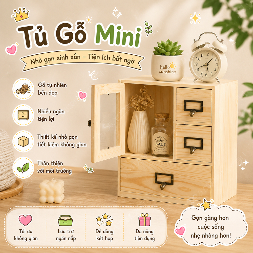 Hộp lưu trữ để bàn loại ngăn kéo và cánh tủ bằng gỗ tự nhiên đựng đồ trang điểm, phụ kiện, dùng trong văn phòng