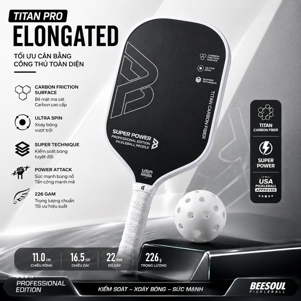 Vợt Pickleball CHÍNH HÃNG Beesoul siêu công 16mm mặt vợt carbon x2Spin công nghệ lõi Foam Gen 3