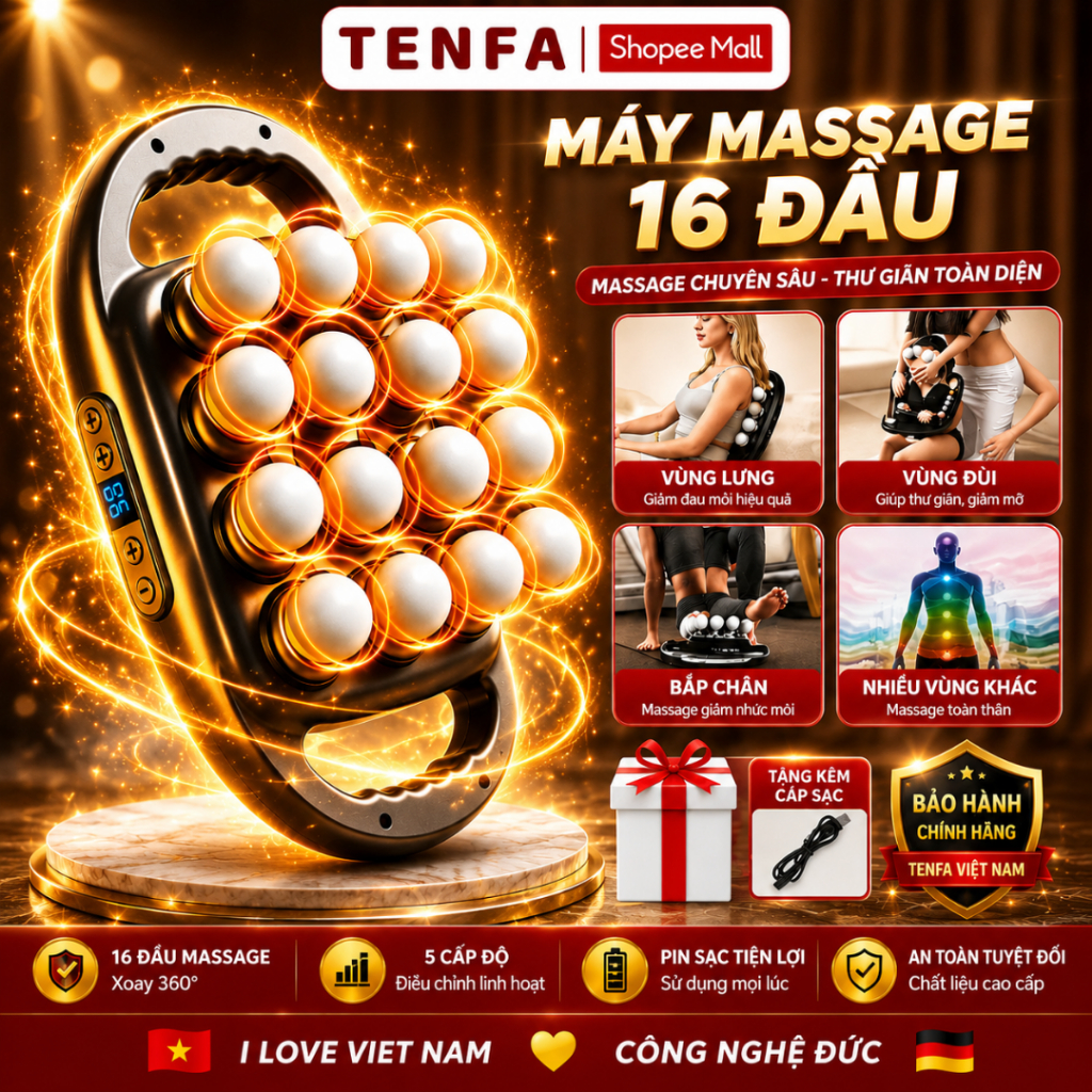 Máy Massage Cầm Tay METIS 16 Đầu, 9 Chế Độ 9 Cấp Độ Thư Giãn Toàn Thân Đa Năng Giảm Đau Mỏi