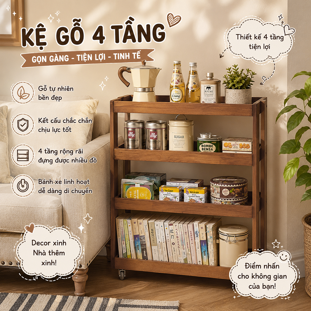 Kệ 4 tầng Giá sách gỗ tự nhiên dùng không gian hẹp có bánh xe di chuyển, bàn phụ ghế sofa phòng khách