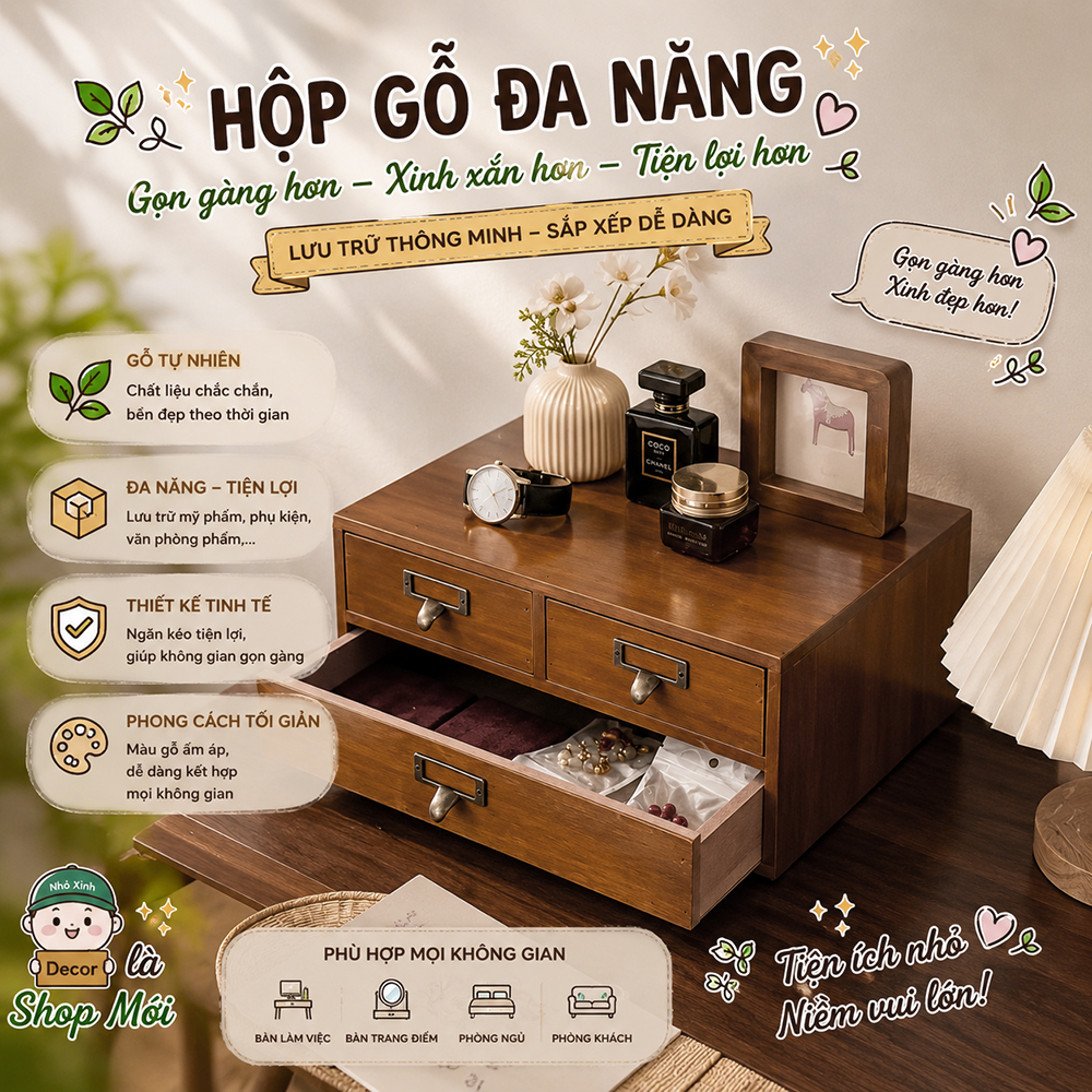 Hộp tủ lưu trữ để bàn loại ngăn kéo bằng gỗ tự nhiên đựng đồ mỹ phẩm, trang điểm, phụ kiện, dùng trong văn phòng