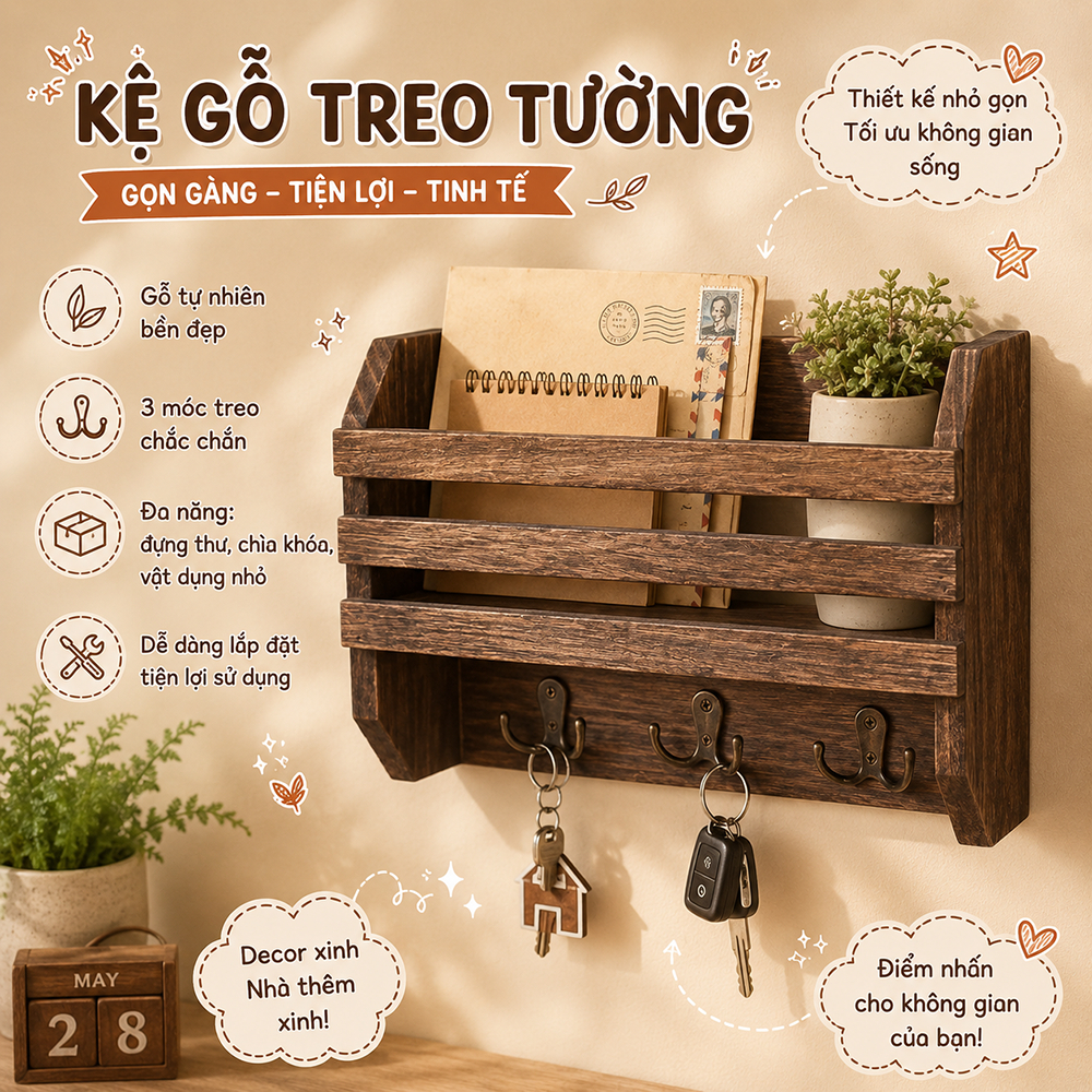 Kệ gắn tường màu nâu decor trang trí để phụ kiện đa năng
