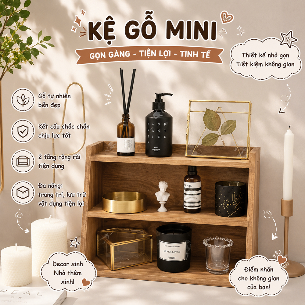 Kệ gỗ 3 tầng để đồ trang trí, mô hình, phụ kiện đa năng màu nâu óc chó