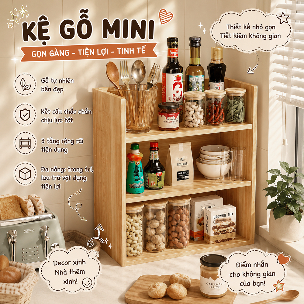 Kệ gỗ để đồ gia vị nhiều tầng, kệ nhà bếp đa năng