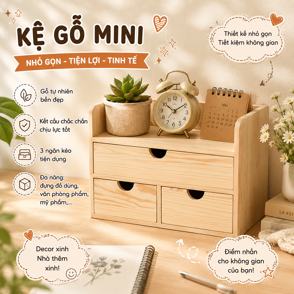 Kệ gỗ 3 ngăn kéo, hộp tủ để bàn đựng đồ trang điểm, phụ kiện đa năng