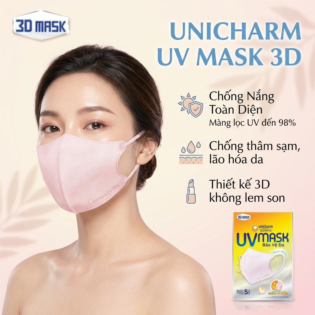 🌟 KHẨU TRANG UNICHARM UV MASK 3D (HỘP/GÓI 5 MIẾNG) – BẢO VỆ DA TOÀN DIỆN 🌟
