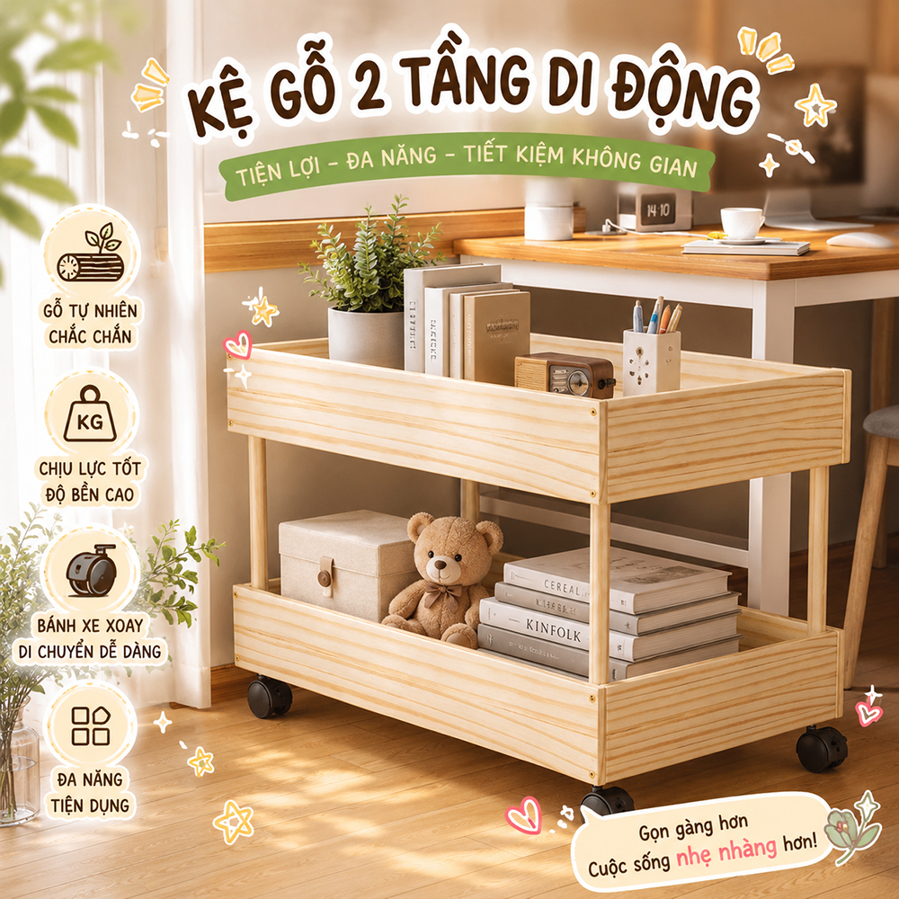 Kệ giá sách, kệ để đồ 2 tầng có bánh xe, kệ để phụ kiện, đồ trang điểm, kệ trưng bày sản phẩm mini