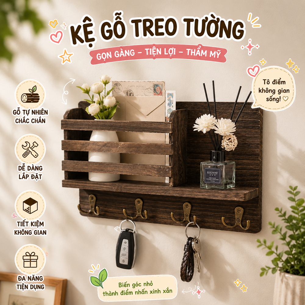 Kệ gỗ treo tường màu nâu decor trang trí đa năng kèm móc treo phụ kiện