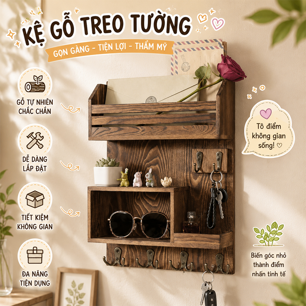 Kệ gỗ màu nâu óc chó để đồ kết hợp móc treo phụ kiện túi xách đa năng