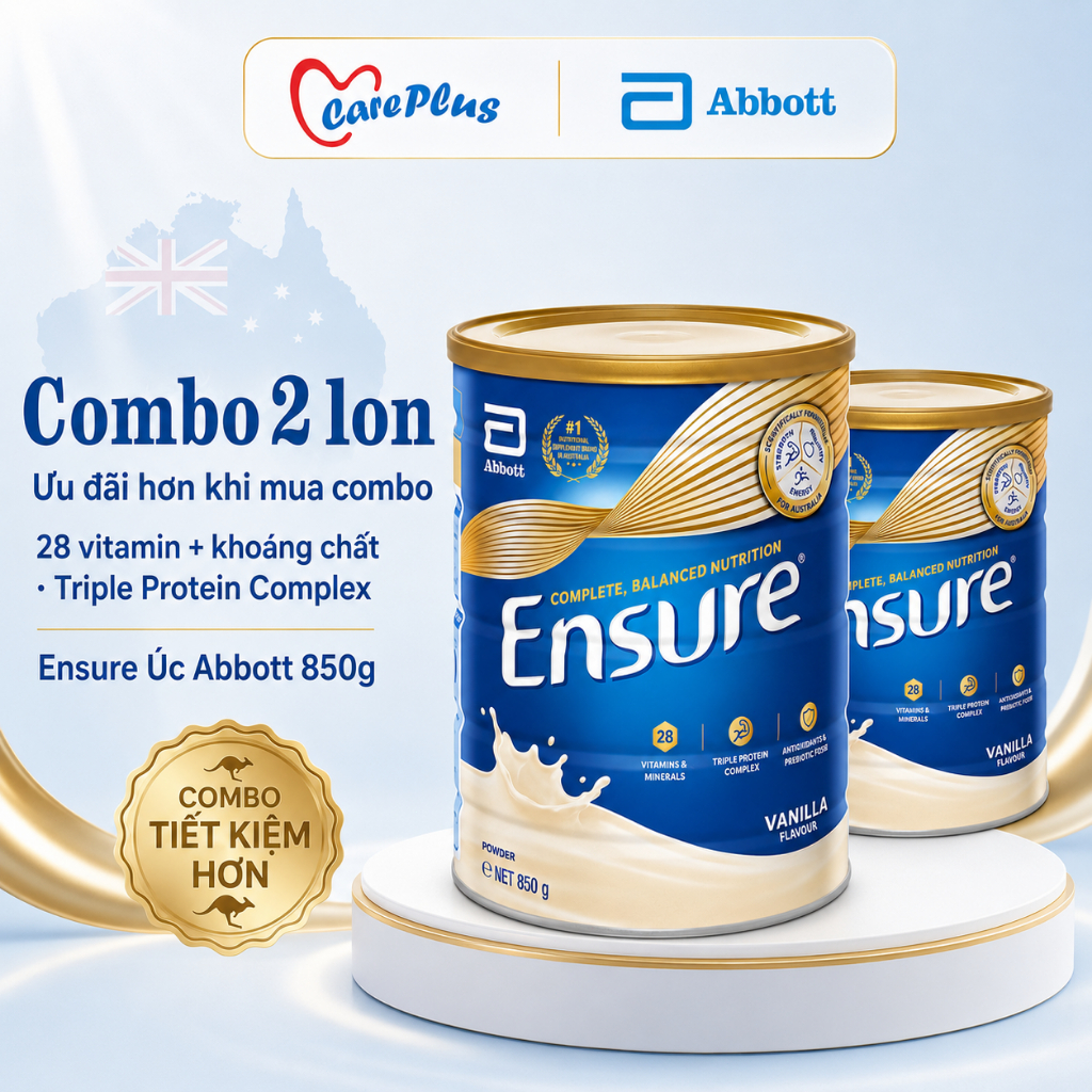 【Combo 2 Lon】 Sữa Bột Ensure Úc Abbott 850g Vị Vani 28 Vitamin Khoáng Chất Nhập Khẩu Úc