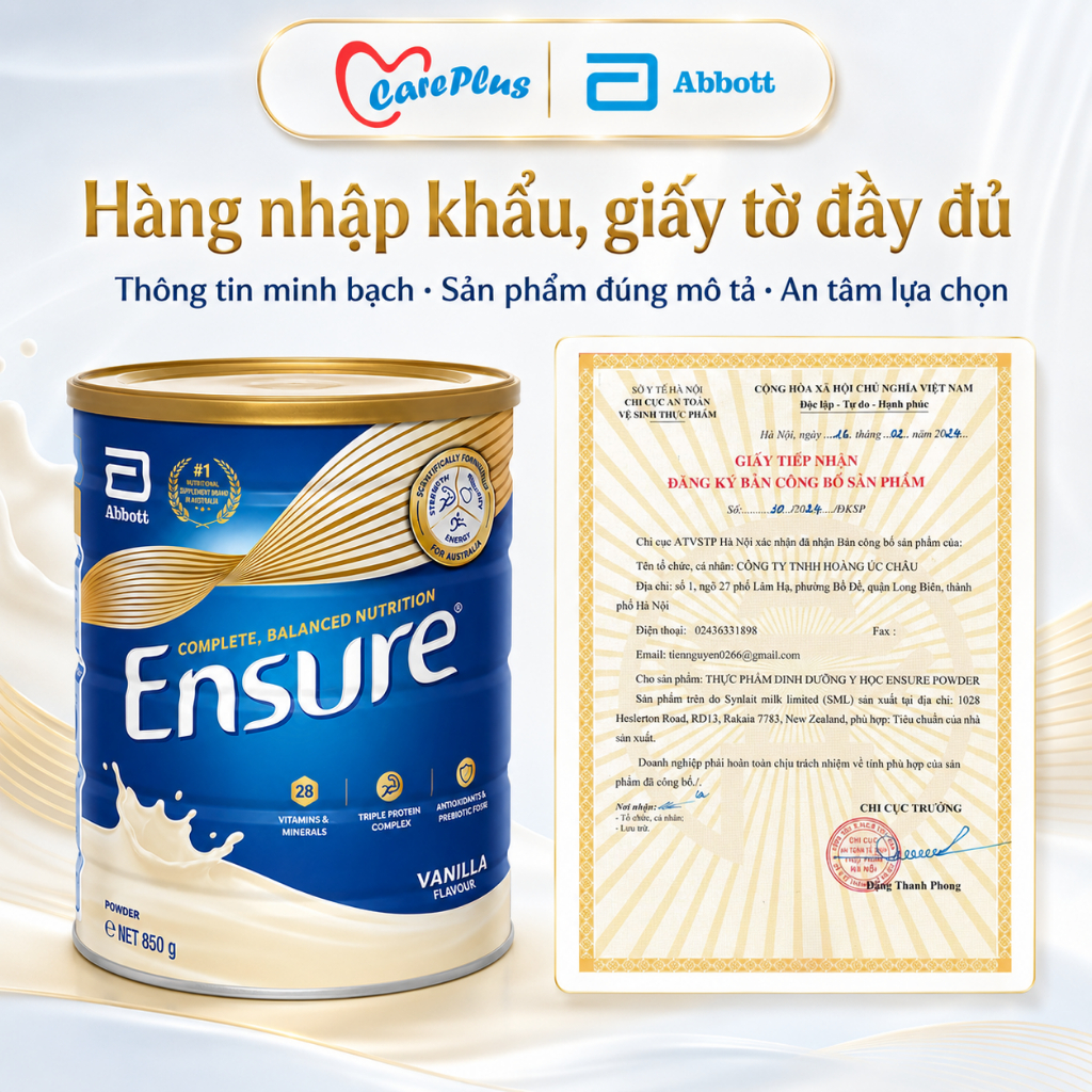 【Combo 2 Lon】 Sữa Bột Ensure Úc Abbott 850g Vị Vani 28 Vitamin Khoáng Chất Nhập Khẩu Úc