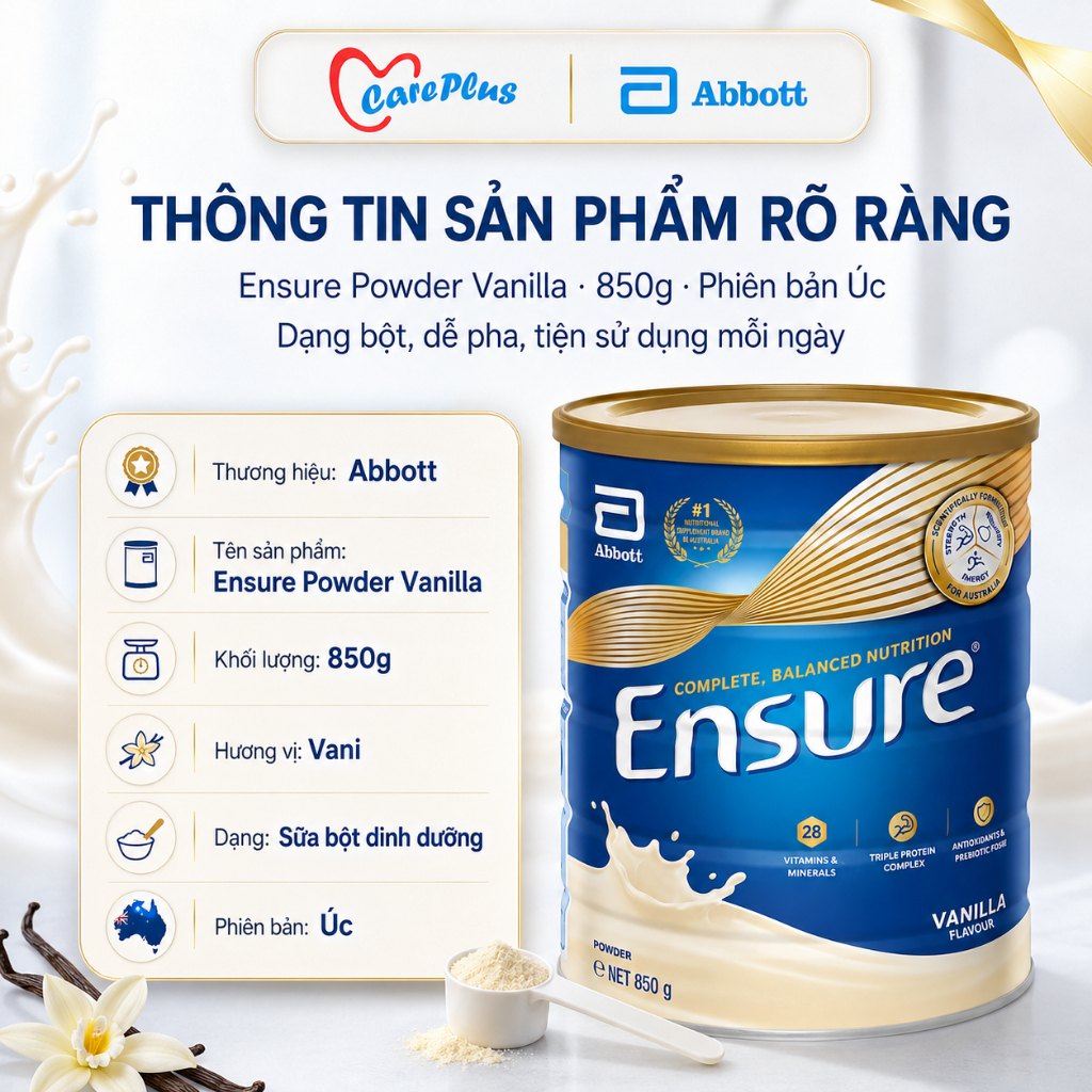 【Combo 2 Lon】 Sữa Bột Ensure Úc Abbott 850g Vị Vani 28 Vitamin Khoáng Chất Nhập Khẩu Úc