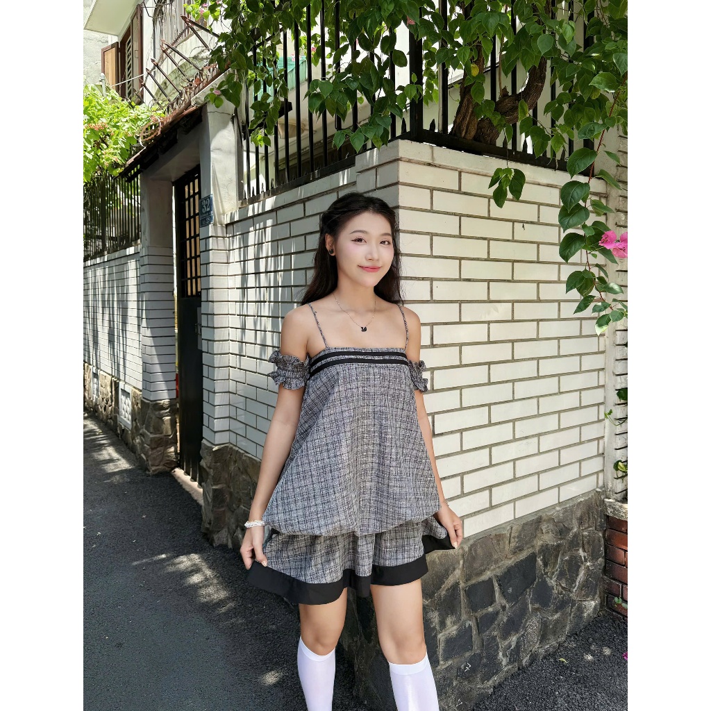 Đầm Nữ SANCOL Trễ Vai Caro Dáng Bí Xòe Mùa Hè SECODEE