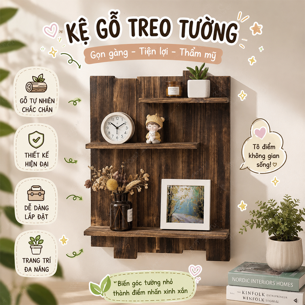 Kệ gỗ ghép thanh sơm màu nâu óc chó decor trang trí đa năng, nhà cửa, quán cafe, homestay