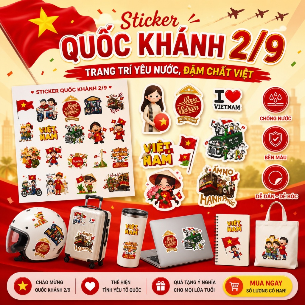 TEM DÁN STICKER QUỐC KHÁNH 2-9,TRANG TRÍ YÊU NƯỚC ĐẬM CHẤT VIỆT CHO MŨ , ĐIỆN THOẠI, ĐỒ DÙNG CÁ NHÂN SIÊU CUTE, CỰC CHẤT