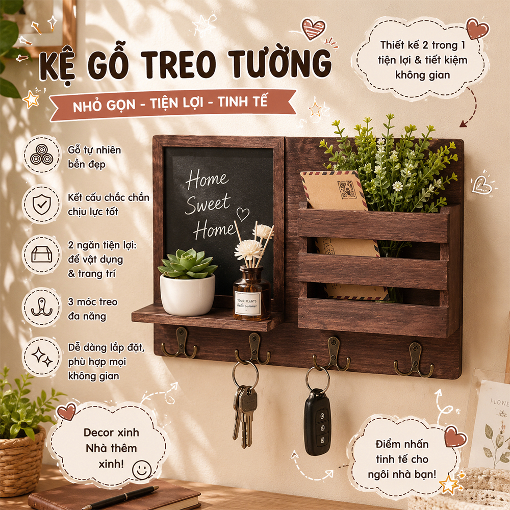 Kệ gỗ treo tường màu nâu óc chó kèm móc treo phụ kiện, túi xách đa năng, kèm bảng ghi chú