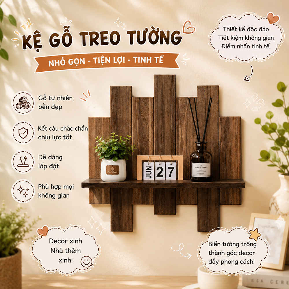 Kệ gỗ treo tường phá cách decor trang trí phòng, quán cafe, homestay
