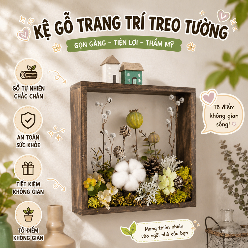Kệ khung gỗ treo tường trang trí decor màu nâu óc chó, kệ đa năng (chỉ bao gồm khung gỗ)