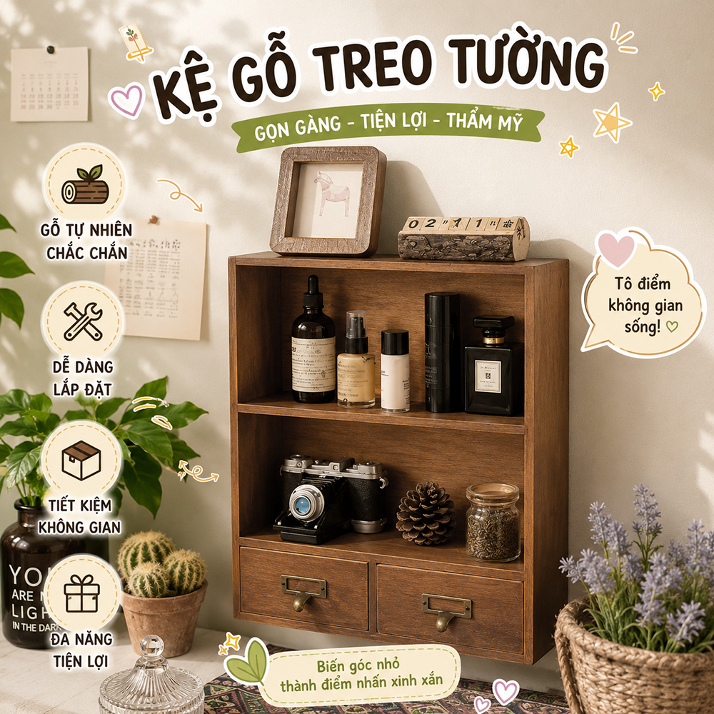 Kệ gỗ vintage đa năng, trang trí và lưu trữ đồ vật nhỏ như mỹ phẩm, máy ảnh, lọ đựng gia vị, hoặc đồ lưu niệm, mô hình