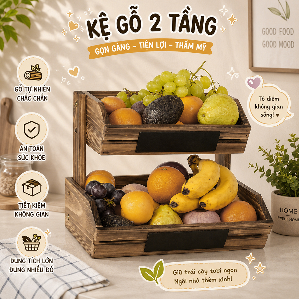 Kệ hoa quả, kệ nhà bếp kệ để đồ đa năng màu nâu óc chó. kệ bánh kệ 2 tầng