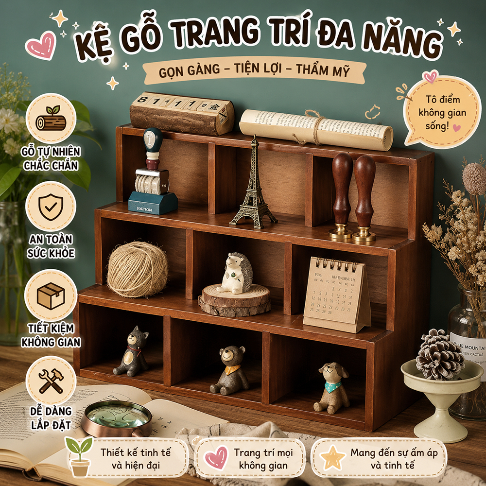 Kệ trưng bày 3 tầng, 9 ngăn, hộp tủ trưng bày mô hình, phụ kiện màu nâu óc chó