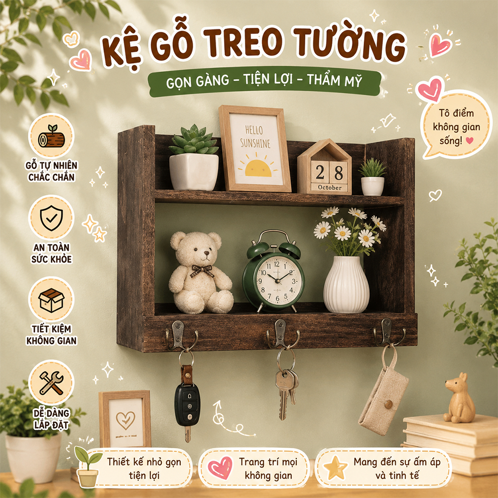 Kệ treo tường kèm móc treo phụ kiện, túi xách đa năng