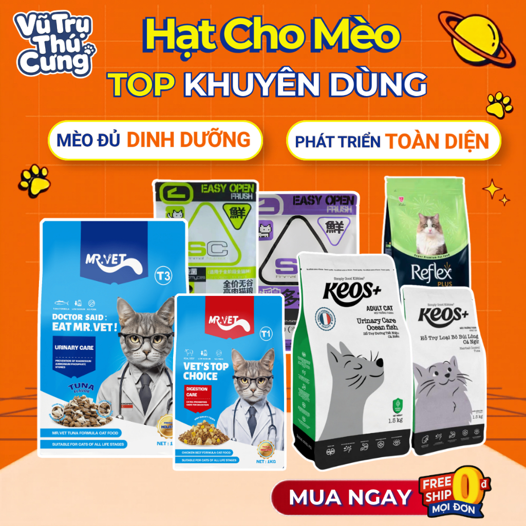 Thức Ăn Hạt Cho Mèo Mr.Vet / Keos / Reflex / SC Hỗ Trợ Tiết Niệu, Giúp Tiêu Búi Lông, Mèo Kén Ăn