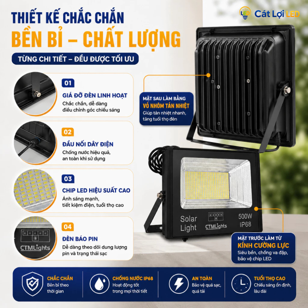 Đèn Pha Năng Lượng Mặt Trời 100W Vỏ Nhôm, Chống Nước, Siêu Sáng, Bảo Hành 2 Năm