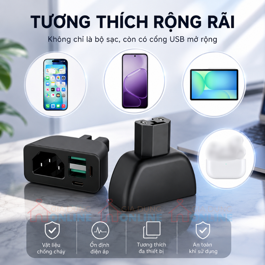Bộ sạc điện thoại chân cắm Type T cho xe điện ắc quy 12-100V, 2 cổng USB A và 1 cổng Type C công suất tối đa 66W