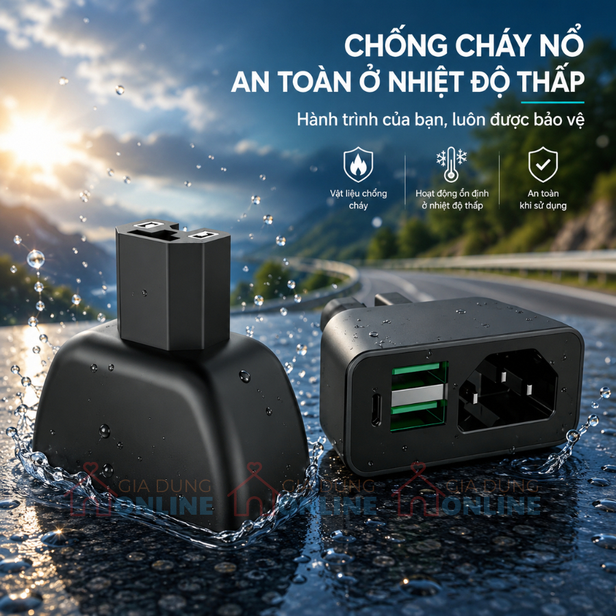 Bộ sạc điện thoại chân cắm Type T cho xe điện ắc quy 12-100V, 2 cổng USB A và 1 cổng Type C công suất tối đa 66W