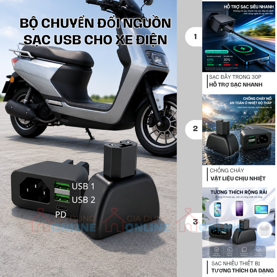 Bộ sạc điện thoại chân cắm Type T cho xe điện ắc quy 12-100V, 2 cổng USB A và 1 cổng Type C công suất tối đa 66W