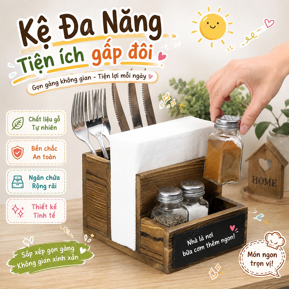 Khay gỗ đựng giấy, đũa thìa, lọ gia vị nhà hàng, quán ăn đa năng