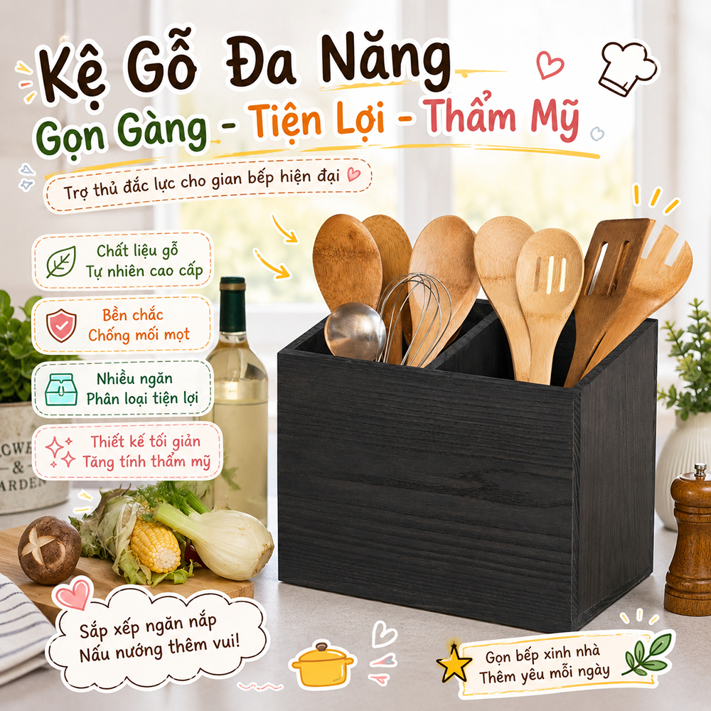 Khay gỗ màu đen chia ngăn đựng bút viết, đũa thìa đa năng