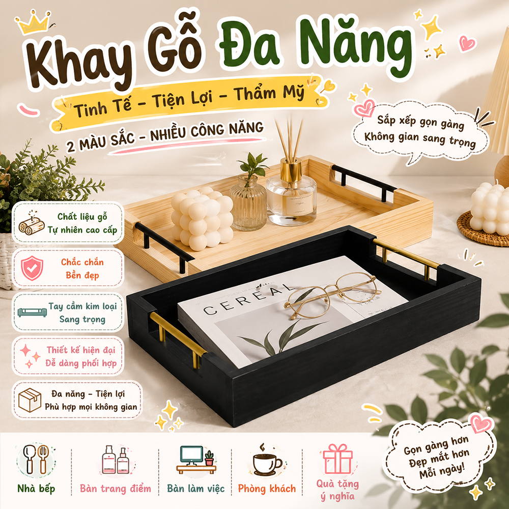 Khay trà, bánh, khay gỗ màu đen và màu mộc tự nhiên có tay cầm sang trọng sử dụng đa năng