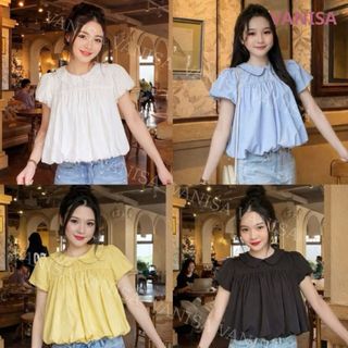 Áo Babydoll Nữ Cổ Sen Tay Phồng Form Rộng Che Bụng vàng trắng xanh hàn quốc VANISA SM105