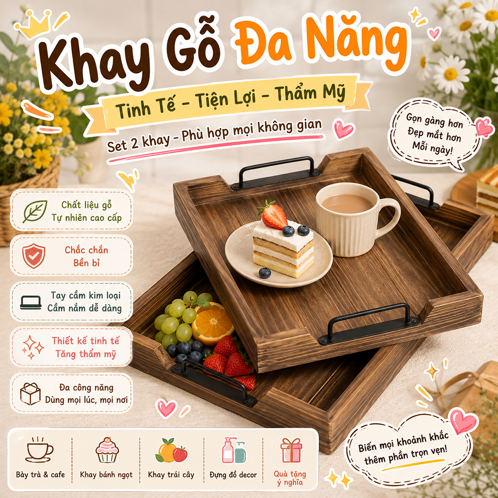 Khay trà, cafe, khay đựng bánh chụp ảnh đa năng màu nâu óc chó có tay cầm sang trọng