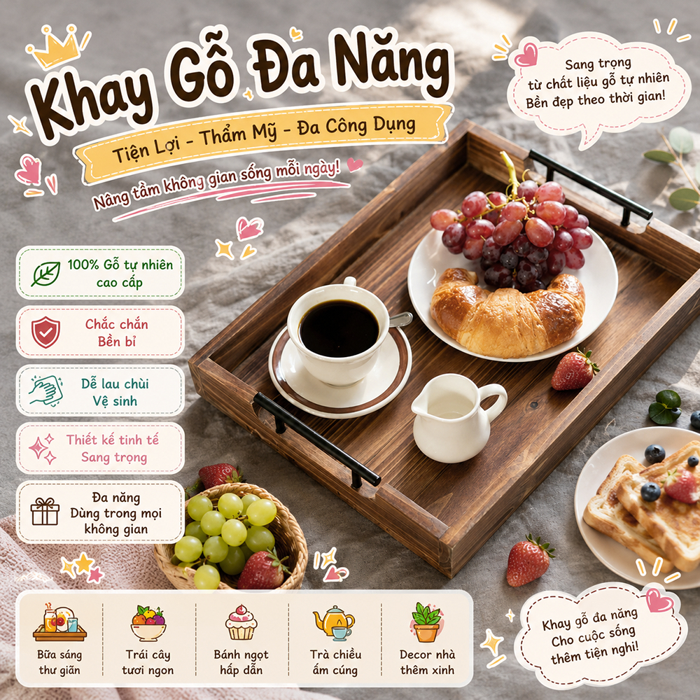 Khay trà, khay bánh, khay phục vụ cafe chụp ảnh đa năng
