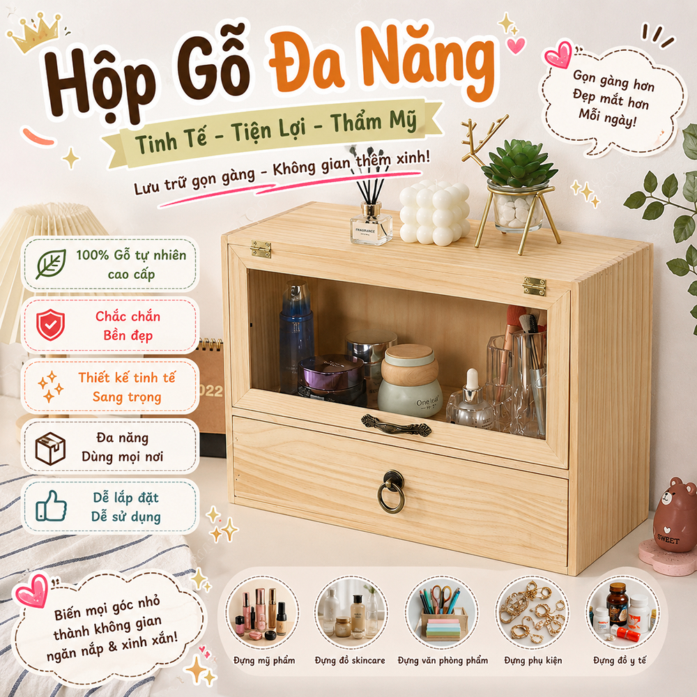 Tủ đựng đồ bằng gỗ tự nhiên kiểu dáng cổ điển, hộp đựng cốc nước chống bụi, ngăn kéo, giá để đồ cho học sinh, mỹ phẩm, p