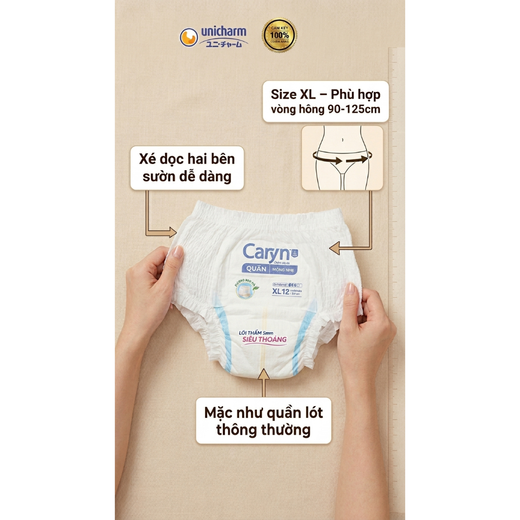 TÃ QUẦN NGƯỜI LỚN CARYN SIZE XL12 (12 MIẾNG) - BỈM QUẦN CARYN CHO NGƯỜI GIÀ MẪU MỚI CHÍNH HÃNG