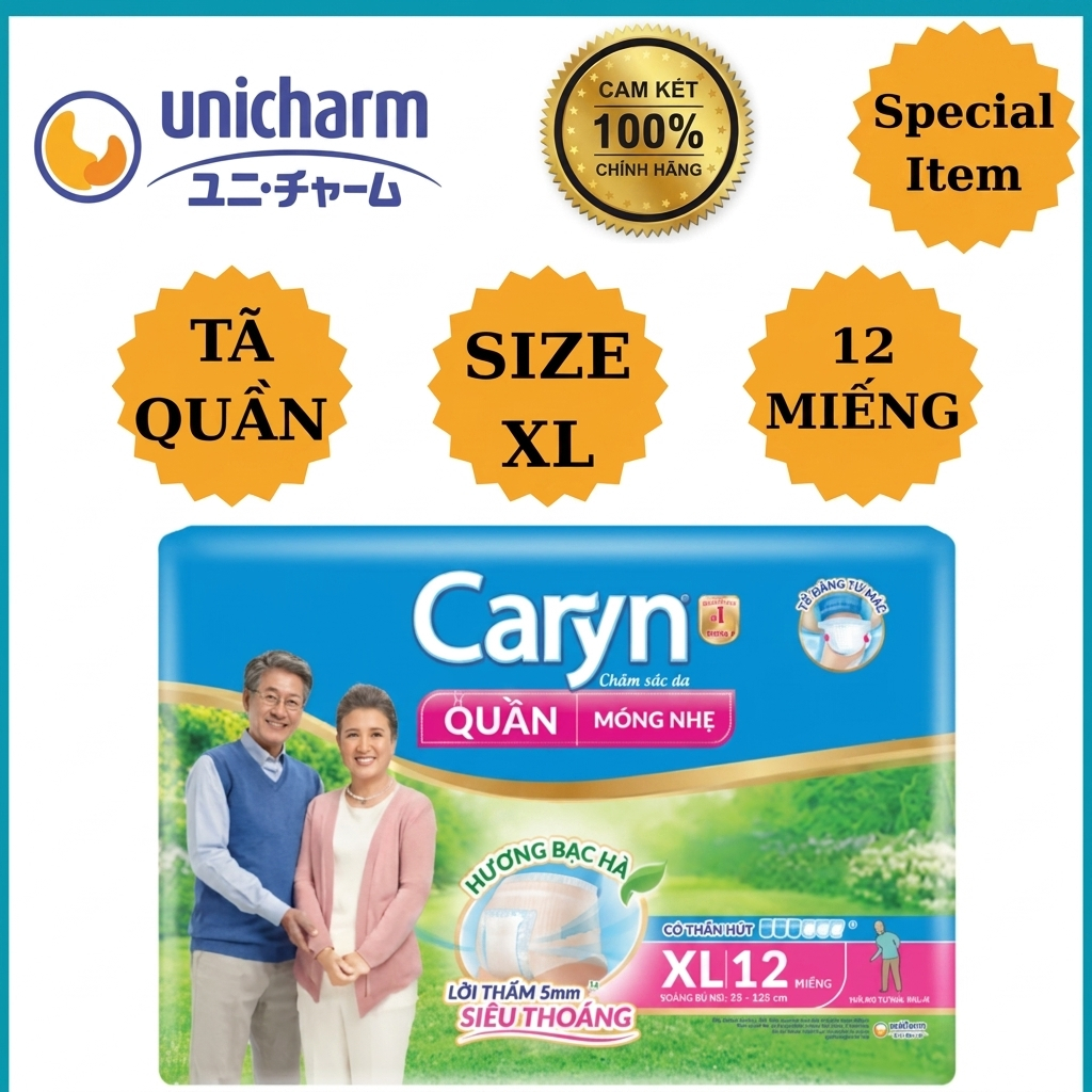TÃ QUẦN NGƯỜI LỚN CARYN SIZE XL12 (12 MIẾNG) - BỈM QUẦN CARYN CHO NGƯỜI GIÀ MẪU MỚI CHÍNH HÃNG