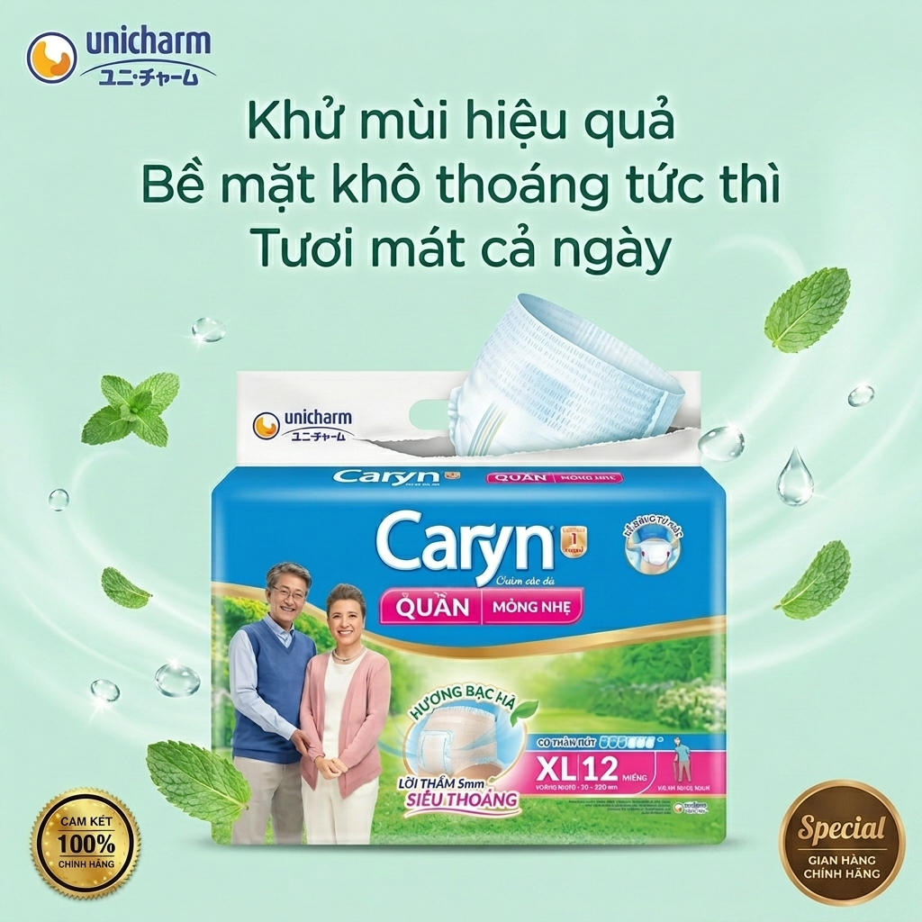 TÃ QUẦN NGƯỜI LỚN CARYN SIZE XL12 (12 MIẾNG) - BỈM QUẦN CARYN CHO NGƯỜI GIÀ MẪU MỚI CHÍNH HÃNG