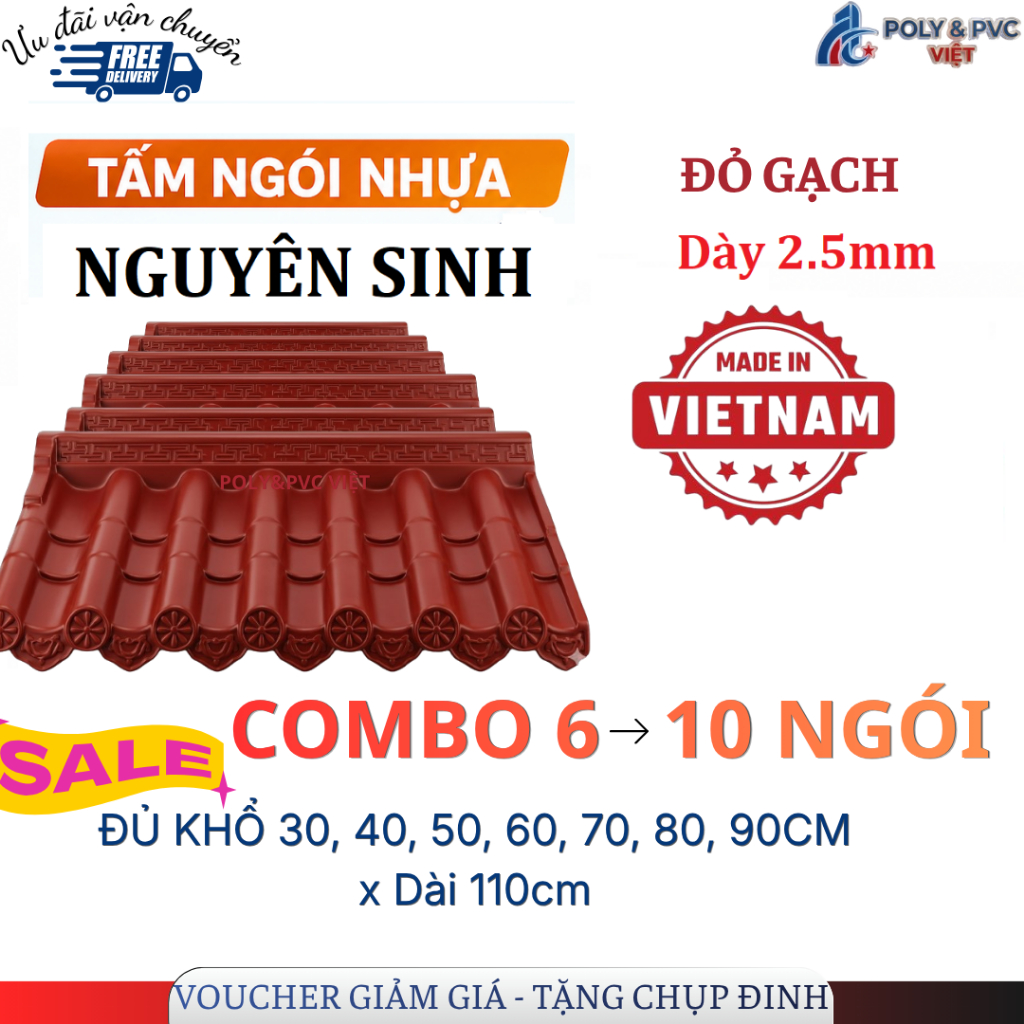 Combo 6 - 10 ngói [Đỏ gạch đủ khổ/size x 110cm] nhựa PVC/ASA âm dương Nhật chịu nhiệt cao dày 2.5mm