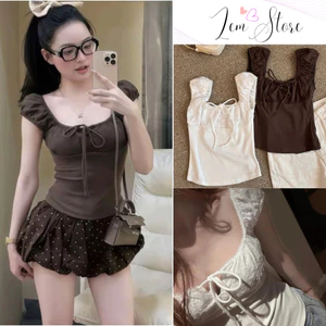 Áo Kiểu Phối Ren Bèo Cổ Vuông Khuy Ngực, Buộc Nơ Xinh, Co Giãn Cực Mềm