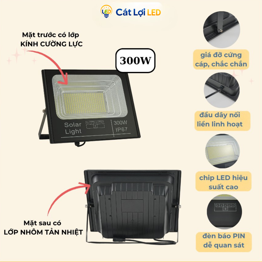 Đèn pha năng lượng mặt trời CTMLights 300W, chống nước IP68 siêu tốt, đúc nhôm không gỉ