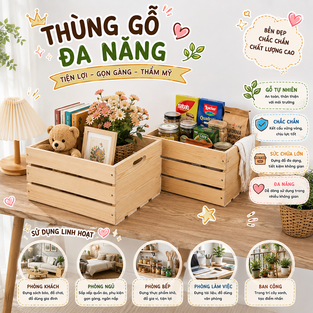 Pallet hộp gỗ đựng đồ đa năng, đựng chai lọ, bia, nước ngọ. Đựng đồ siêu thị chắc chắn có lỗ tay cầm