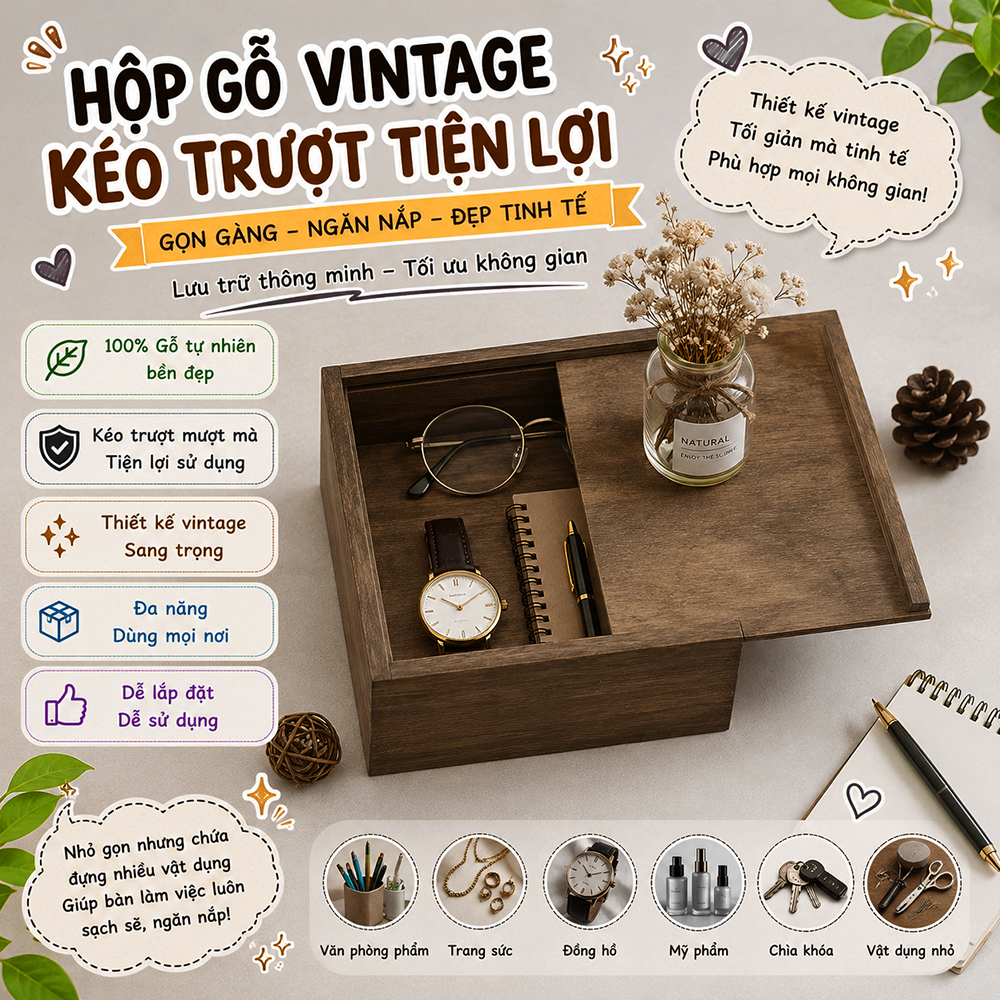 Hộp gỗ màu nâu nắp trượt nhiều kích thước, hộp quà tết, đựng phụ kiện, đựng đồ đa năng