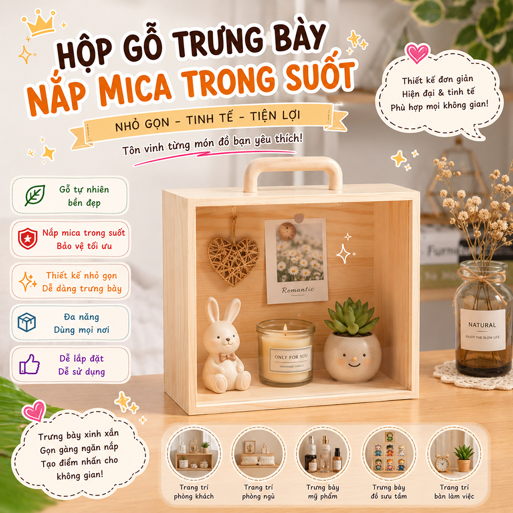 Hộp quà tết, hộp gỗ nắp mica có tay cầm, hộp quà cao cấp, Hộp gỗ nắp trượt đa năng